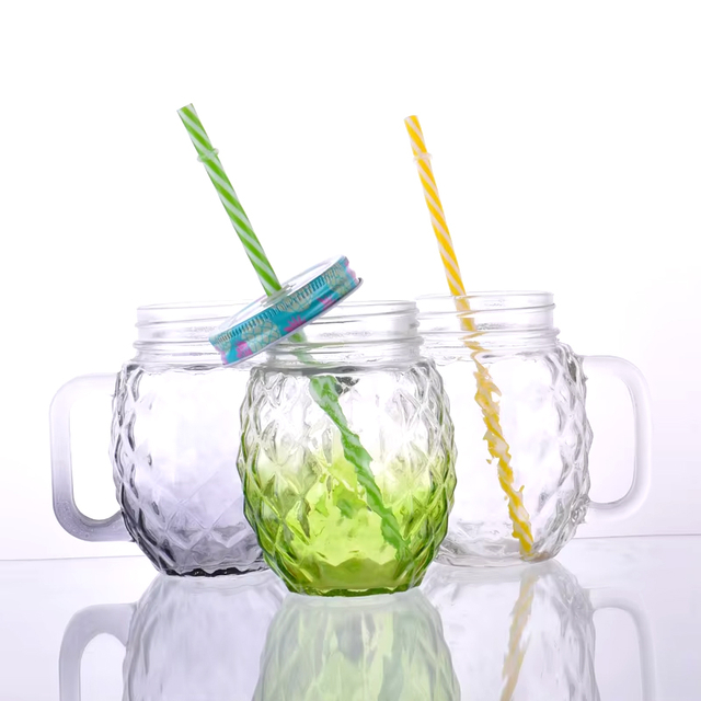 Verres de tasse de pot à boire de 16 Oz avec poignées couvercles de pailles verre à boire réutilisable en forme d'ananas coloré