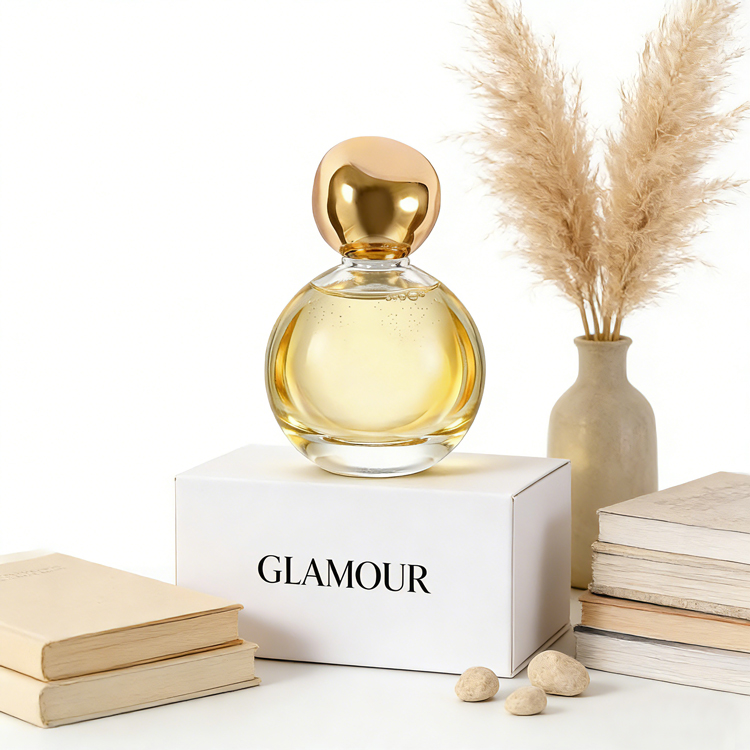  Bouteille de parfum en verre sphérique de luxe avec bouchon en or, emballage de parfum personnalisé haut de gamme