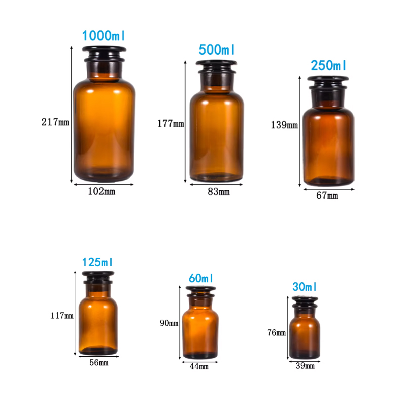 Bouteilles d'apothicaire de réactif en verre chimique clair ambre de style vintage