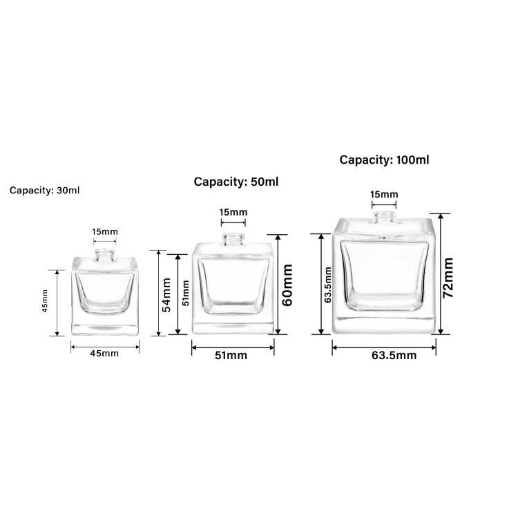  Bouteille de luxe en verre de parfum Transparent vide rectangulaire avec capuchon, 100ml, 50ml, 30ml