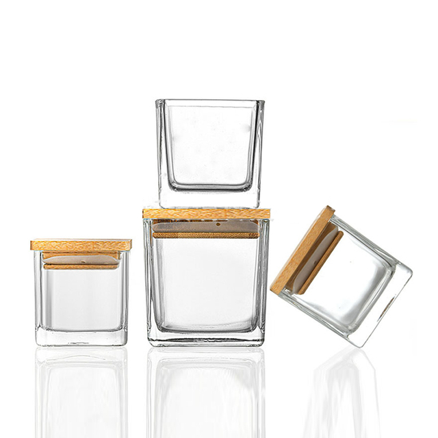 Pots de bougie carrés vides bon marché de 80 ml 120 ml 200 ml 300 ml clair avec couvercle en liège en bois naturel