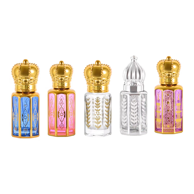 Bouteille à rouleau octogonale en verre de 3ml, 6ml, 12ml, placage UV doré, bouteilles d'huile essentielle Attar