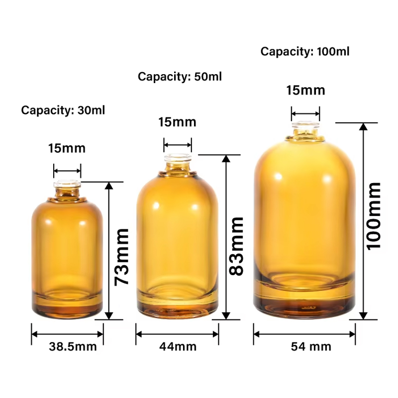Logo personnalisé en gros 30 ml 50 ml 100 ml bouteilles de parfum en verre vides rondes ambre avec bouchon en bois