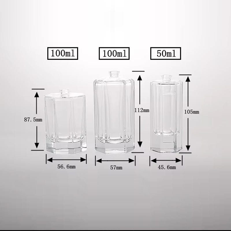Bouteille de parfum hexagonale unique de 50 ml et 100 ml avec pulvérisateur à pompe avec étiquettes personnalisées