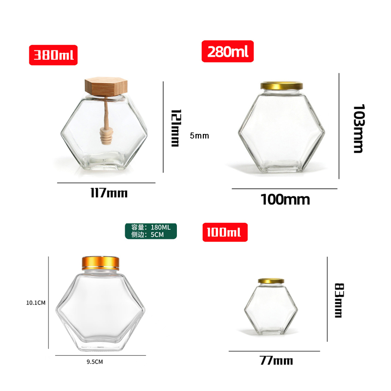 Pots de miel en verre hexagonaux 3oz 6oz 9oz avec bâton