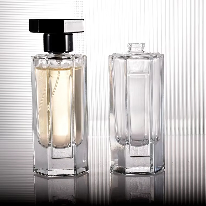 Bouteille de parfum hexagonale unique de 50 ml et 100 ml avec pulvérisateur à pompe avec étiquettes personnalisées
