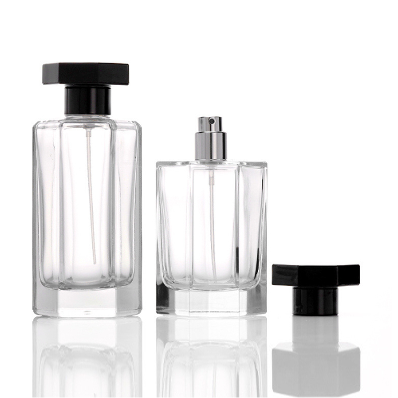 Bouteille de parfum hexagonale unique de 50 ml et 100 ml avec pulvérisateur à pompe avec étiquettes personnalisées