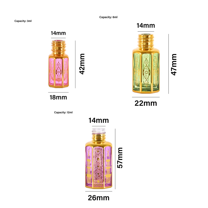 Bouteille à rouleau octogonale en verre de 3ml, 6ml, 12ml, placage UV doré, bouteilles d'huile essentielle Attar
