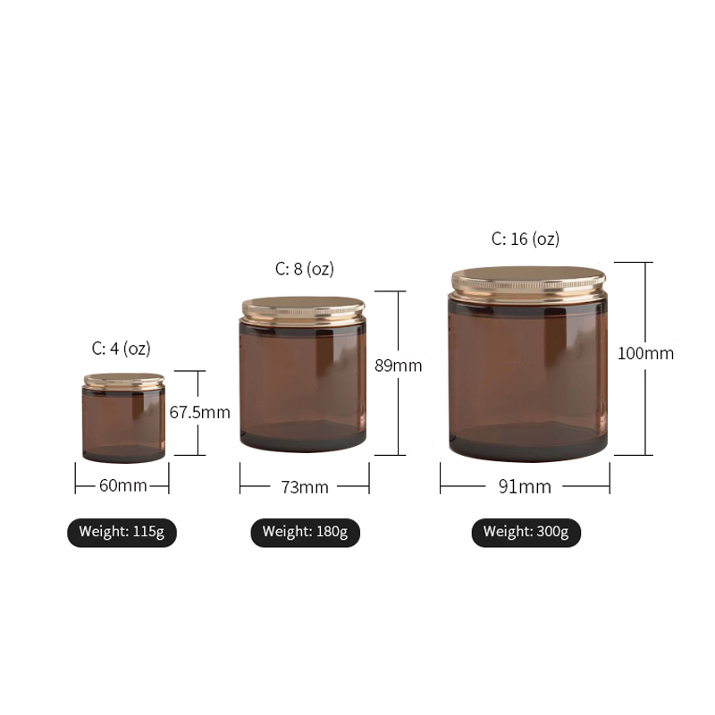 Pot de bougie en verre vide de luxe ambre de 4oz 8oz 16oz avec couvercles en aluminium métallique