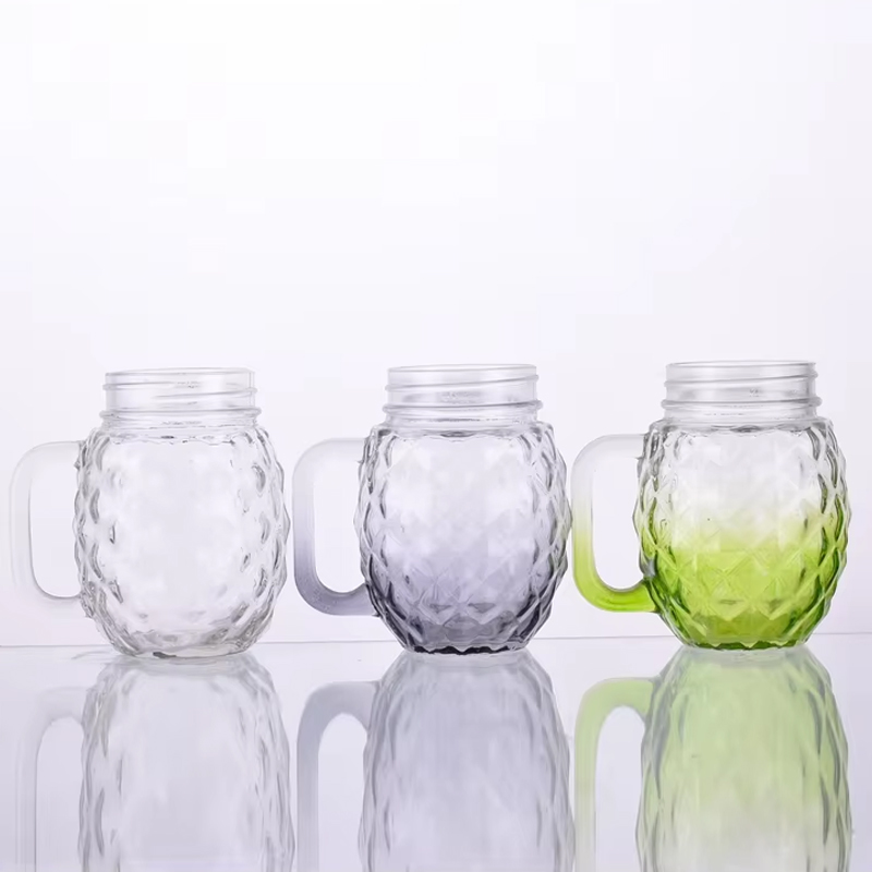 Verres de tasse de pot à boire de 16 Oz avec poignées couvercles de pailles verre à boire réutilisable en forme d'ananas coloré