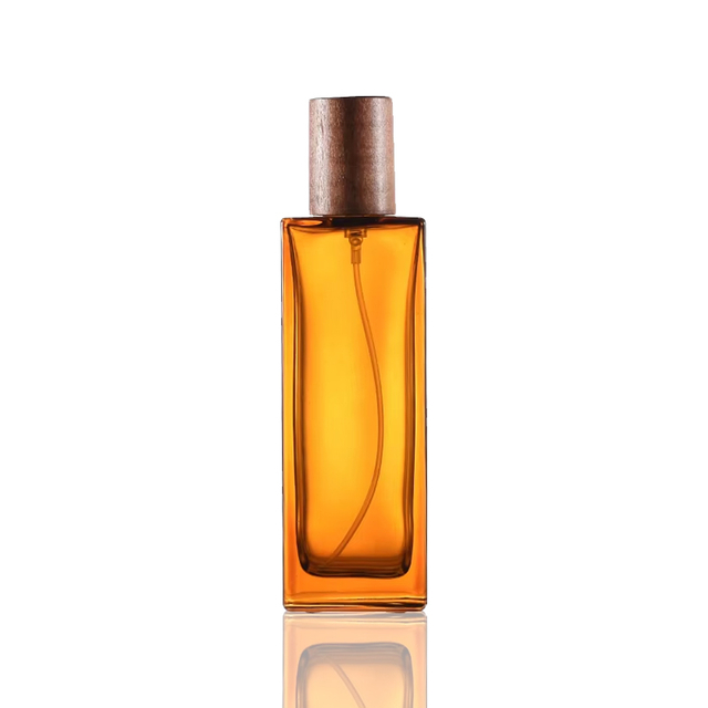 Bouteille de parfum en verre rechargeable, pompe à sertir marron, couvercle en bois, vente en gros 