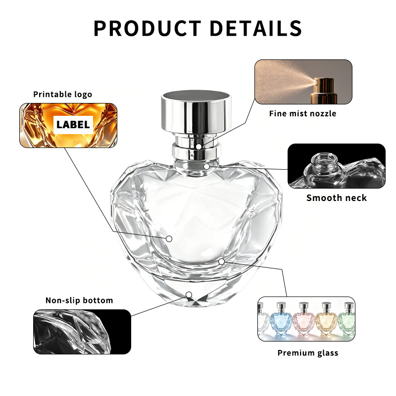 Emballage fait sur commande de luxe de parfum de bouteille de parfum en verre à facettes en forme de coeur