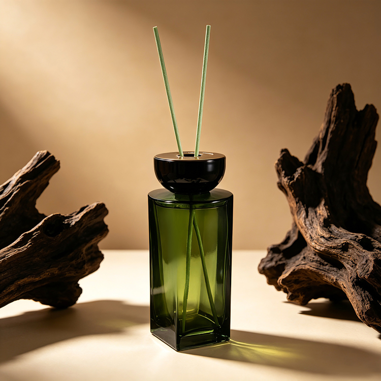Bouteille de diffuseur de roseau en verre carré vert de qualité supérieure avec bouchon noir, bouteille de diffuseur d'aromathérapie personnalisée pour parfum de maison